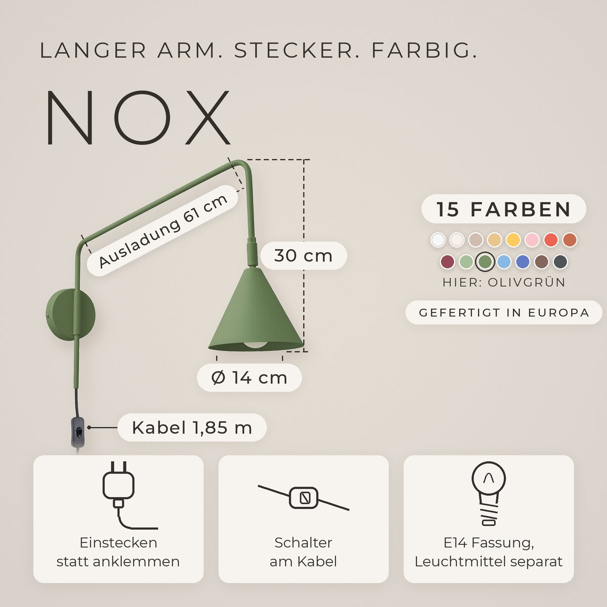 Wandleuchte "NOX" mit Stecker und Kabelschalter