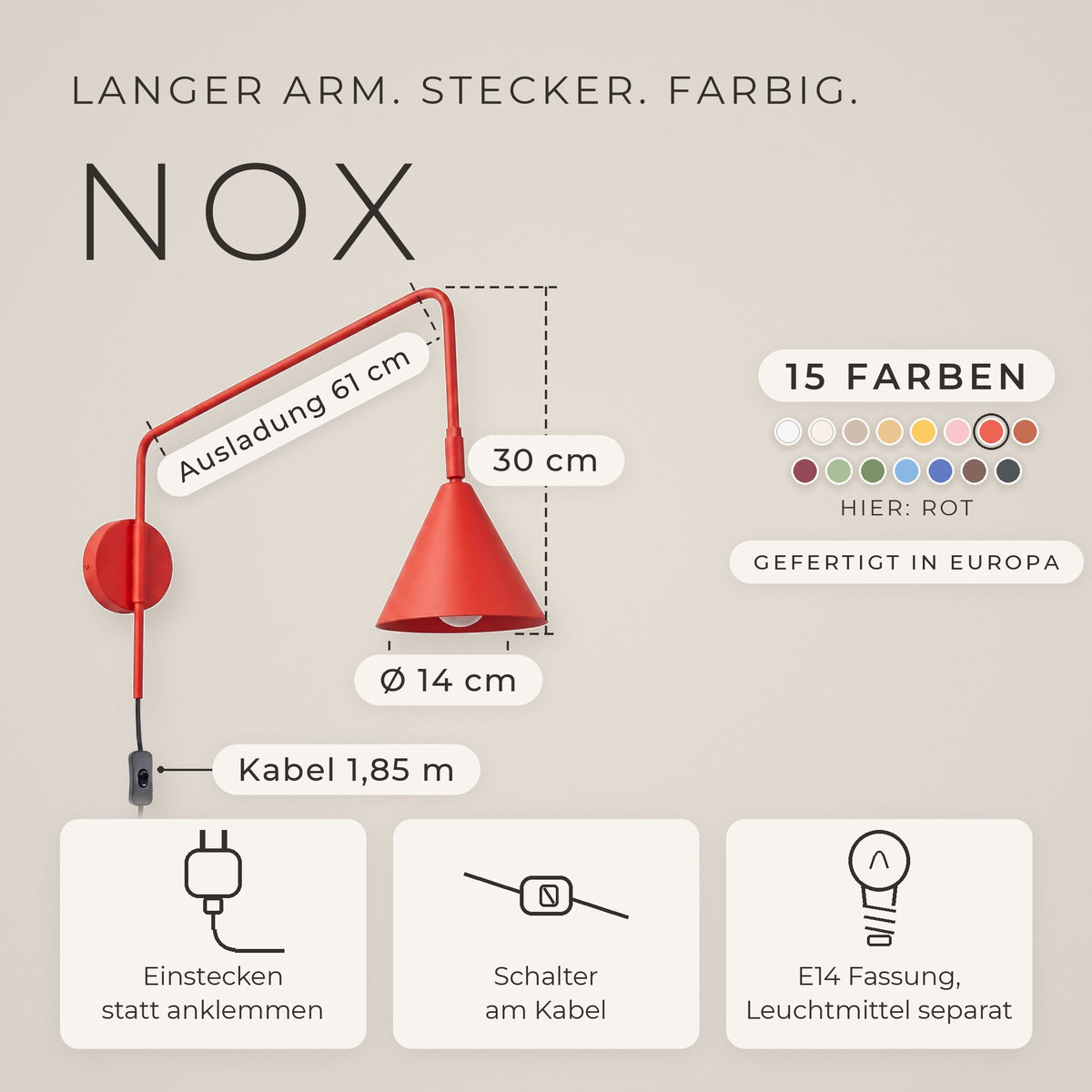 Wandleuchte "NOX" mit Stecker und Kabelschalter