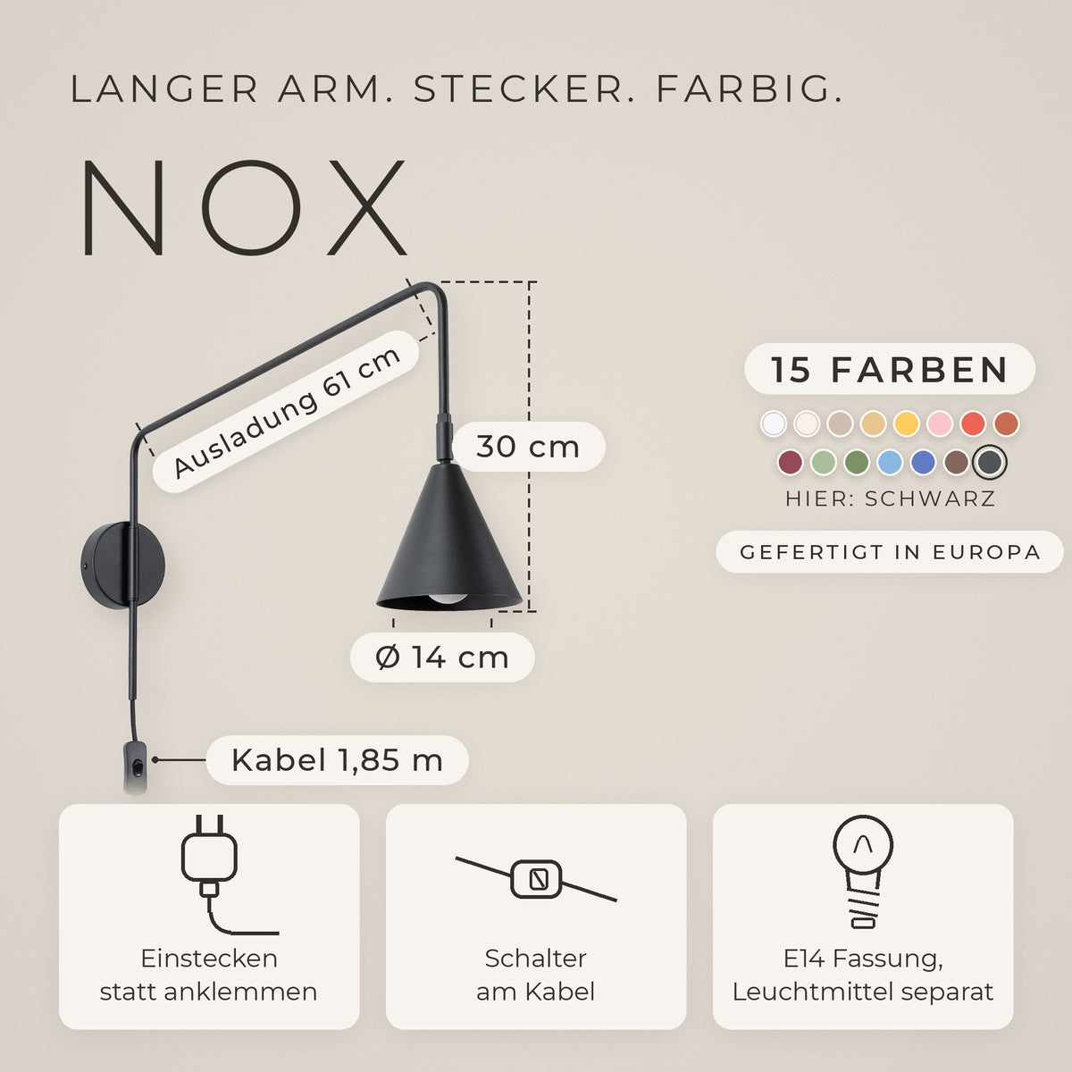 Wandleuchte "NOX" mit Stecker und Kabelschalter