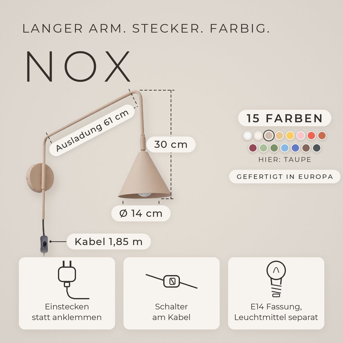 Wandleuchte "NOX" mit Stecker und Kabelschalter