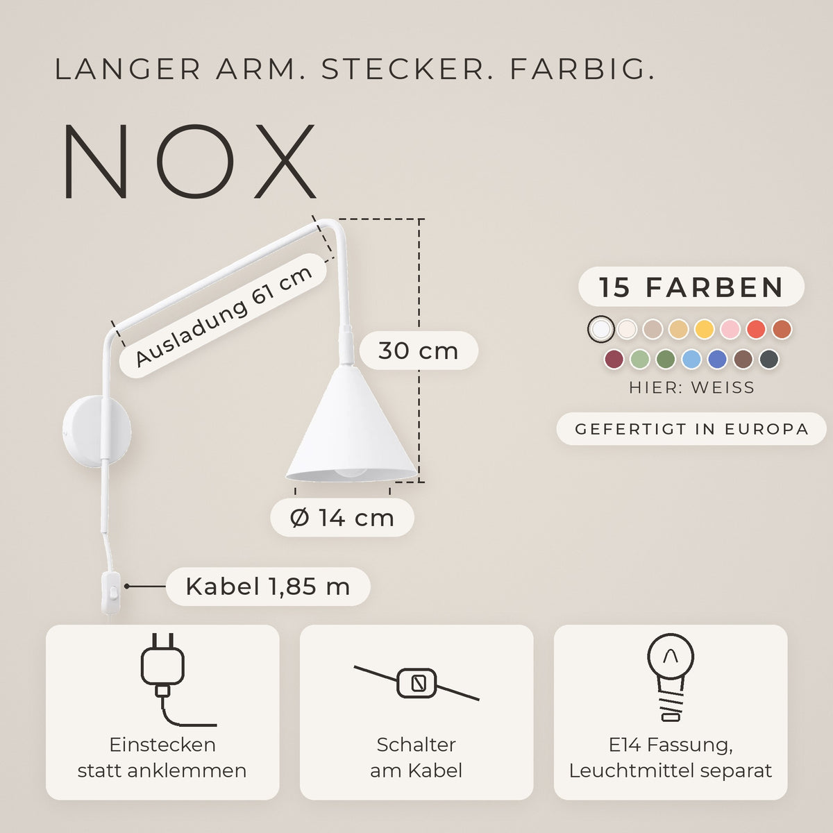 Wandleuchte "NOX" mit Stecker und Kabelschalter