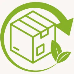 Symbol für nachhaltige Verpackung mit grünem Paket, Pfeil und Blatt – umweltfreundlicher Versand bei Dexity.