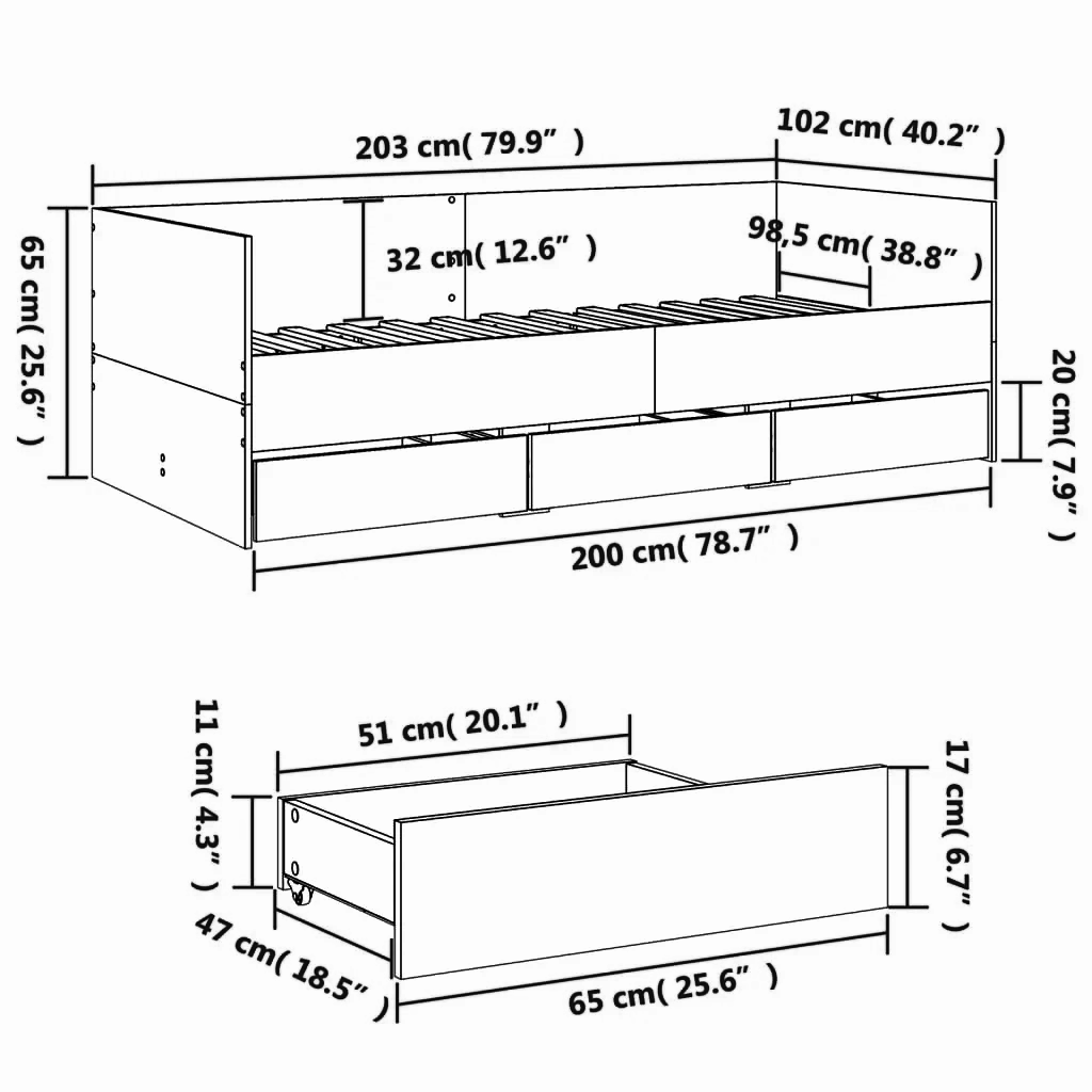 Tagesbett-Gestell mit Schubladen 100x200 cm