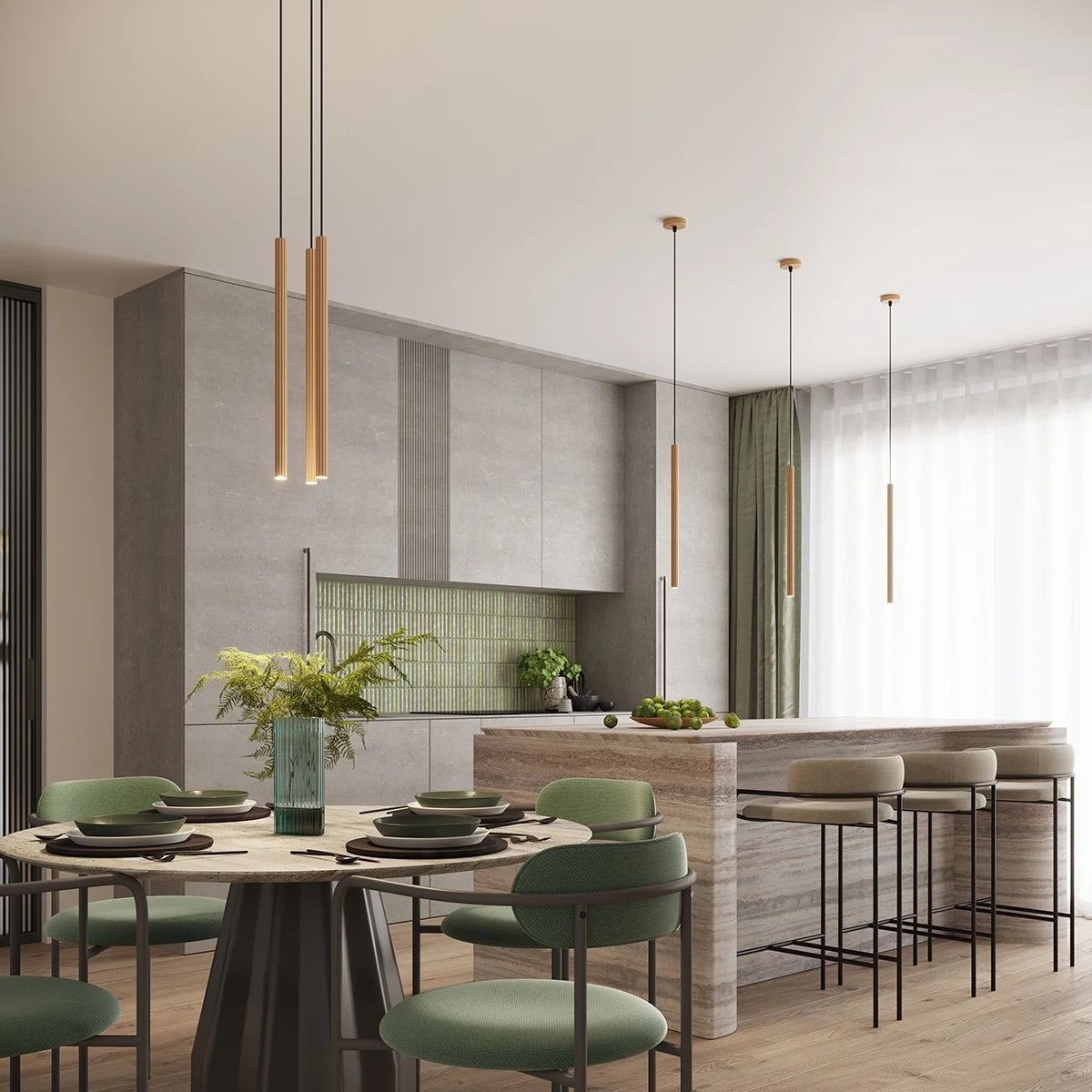 Pendelleuchte CORA 1 in Gold – stilvolle Designleuchte über Esstisch und Kücheninsel, harmonisch ins moderne Interieur integriert.