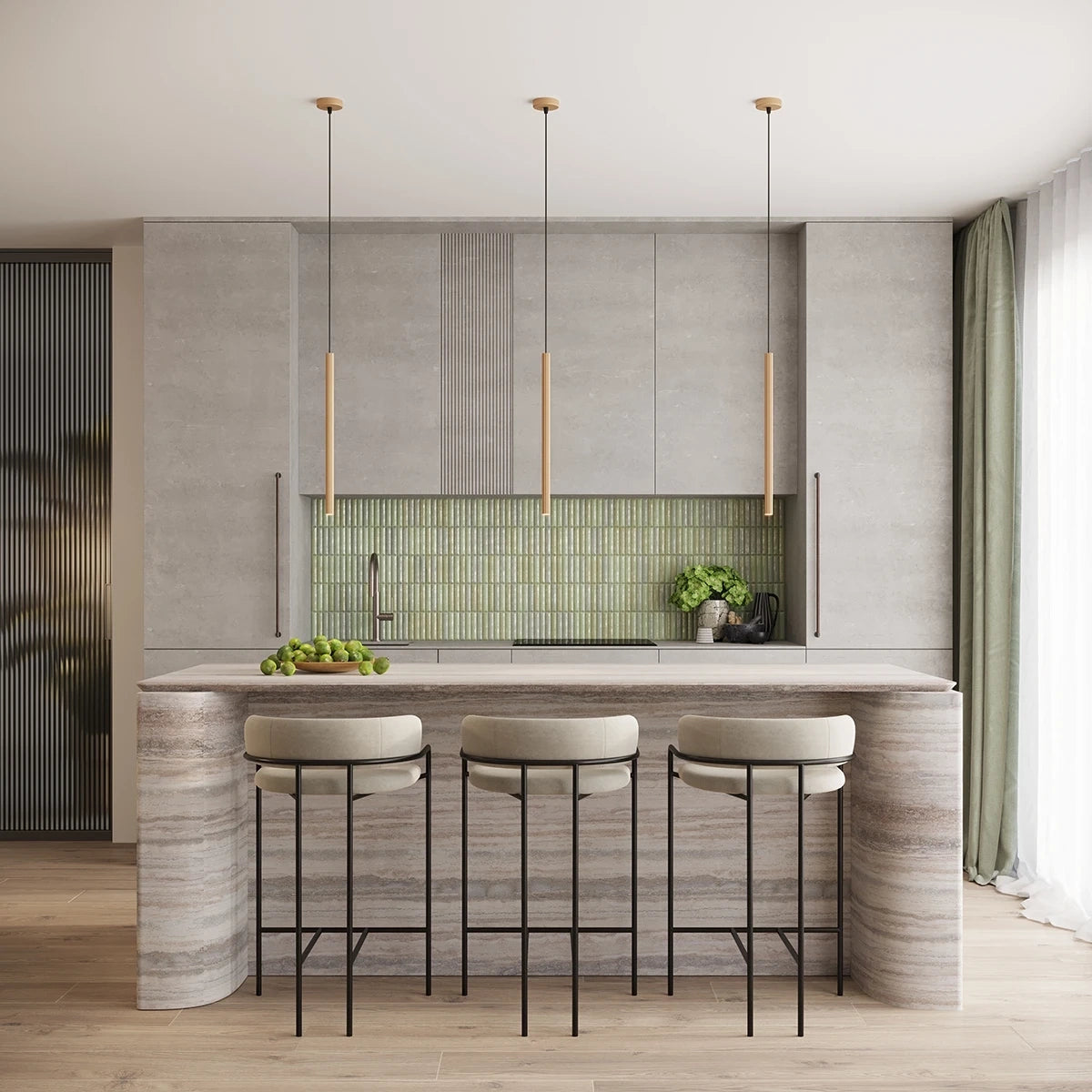 Pendelleuchte CORA 1 in Gold – warme Akzentbeleuchtung über einer Designküche mit Steinoberfläche und grüner Rückwand.