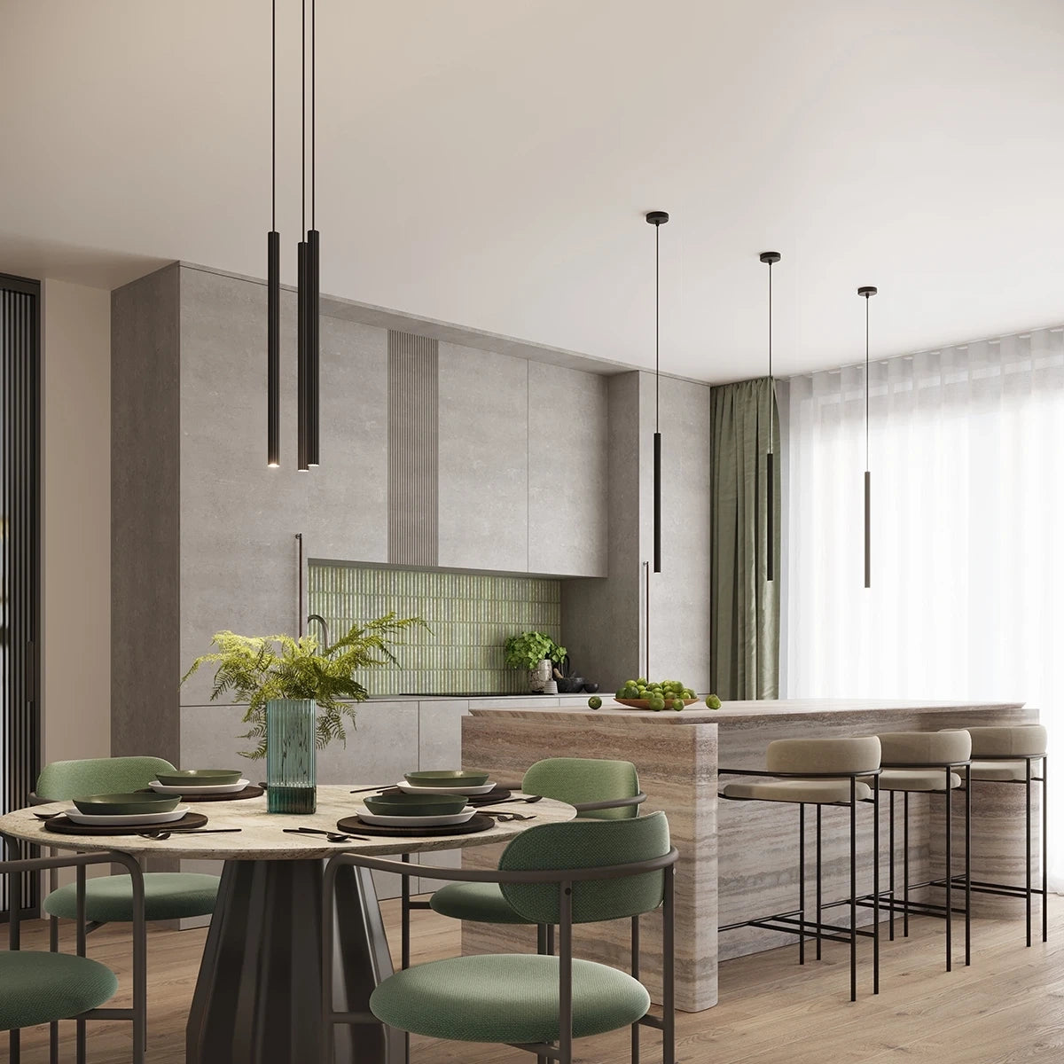 Pendelleuchte CORA 1 in Schwarz – minimalistische Leuchte über Esstisch und Küchenzeile, ideal für moderne Wohnräume mit Designanspruch.