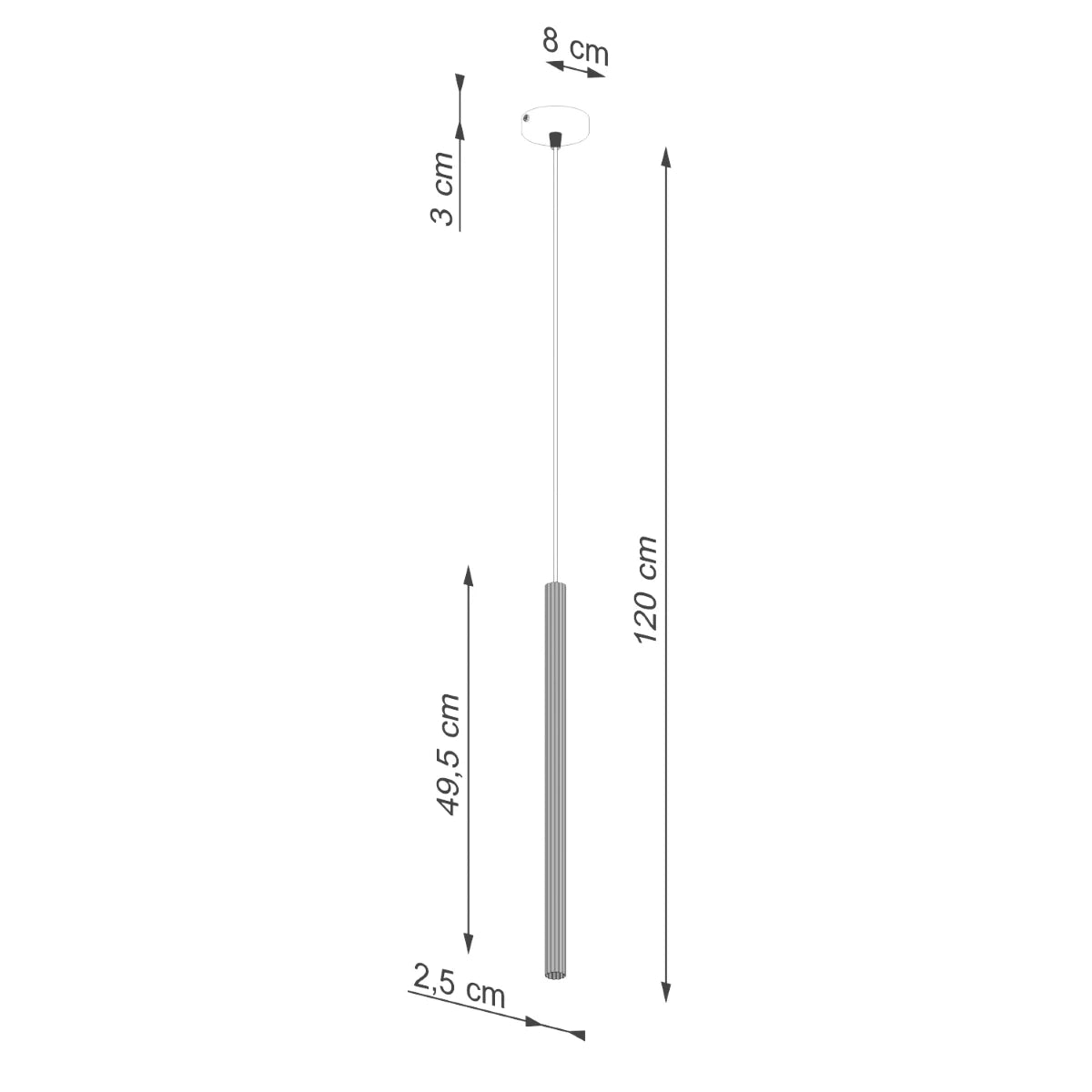 Maßzeichnung der Pendelleuchte CORA 1 in Weiß – Höhe 120 cm, Leuchtenkörper 49,5 cm, Durchmesser 2,5 cm, Baldachin 8 cm.