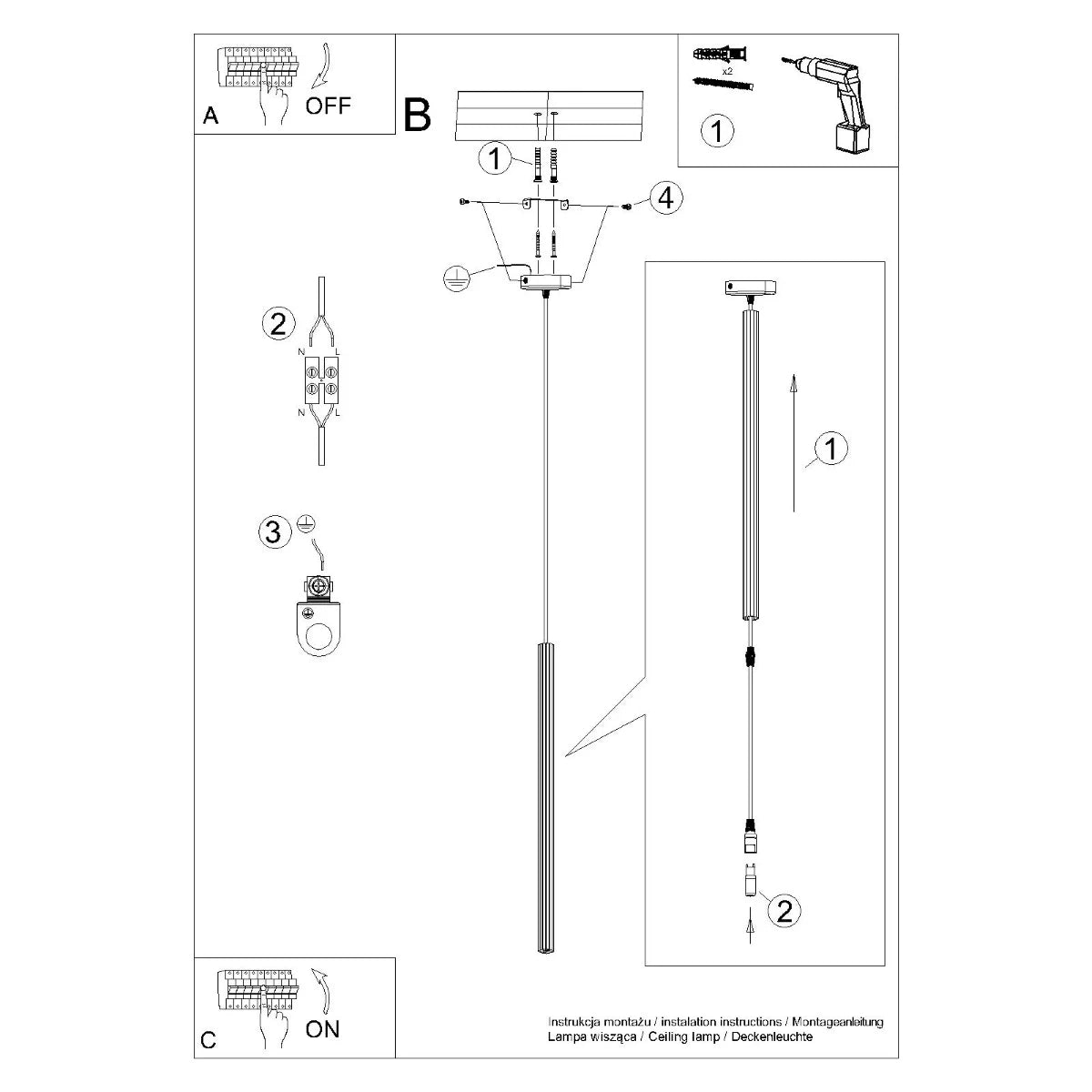 Montageanleitung der Pendelleuchte CORA 1 in Weiß – Schritt-für-Schritt-Illustration zur Deckenmontage mit Verkabelung und Befestigung.