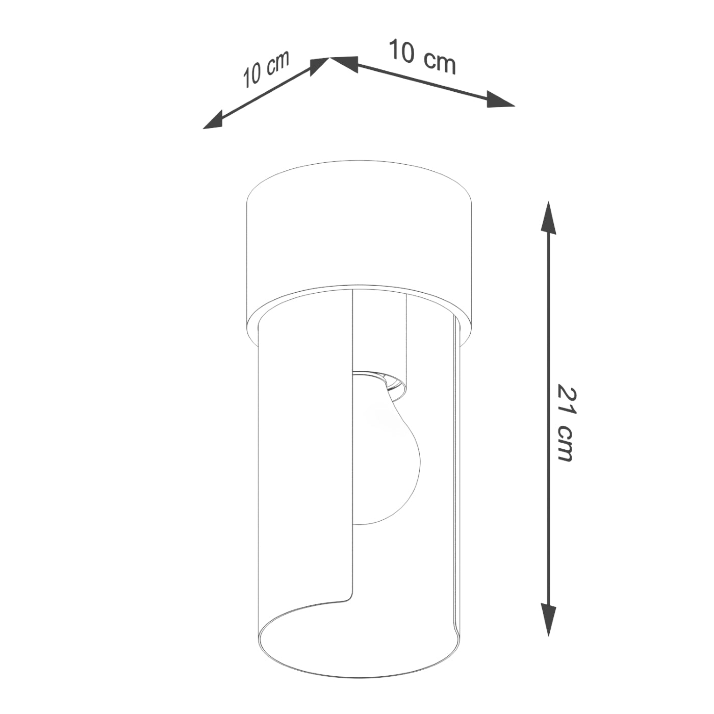 Technische Maßzeichnung der Deckenleuchte FLASH in Weiß – Höhe 21 cm, Durchmesser 10 cm