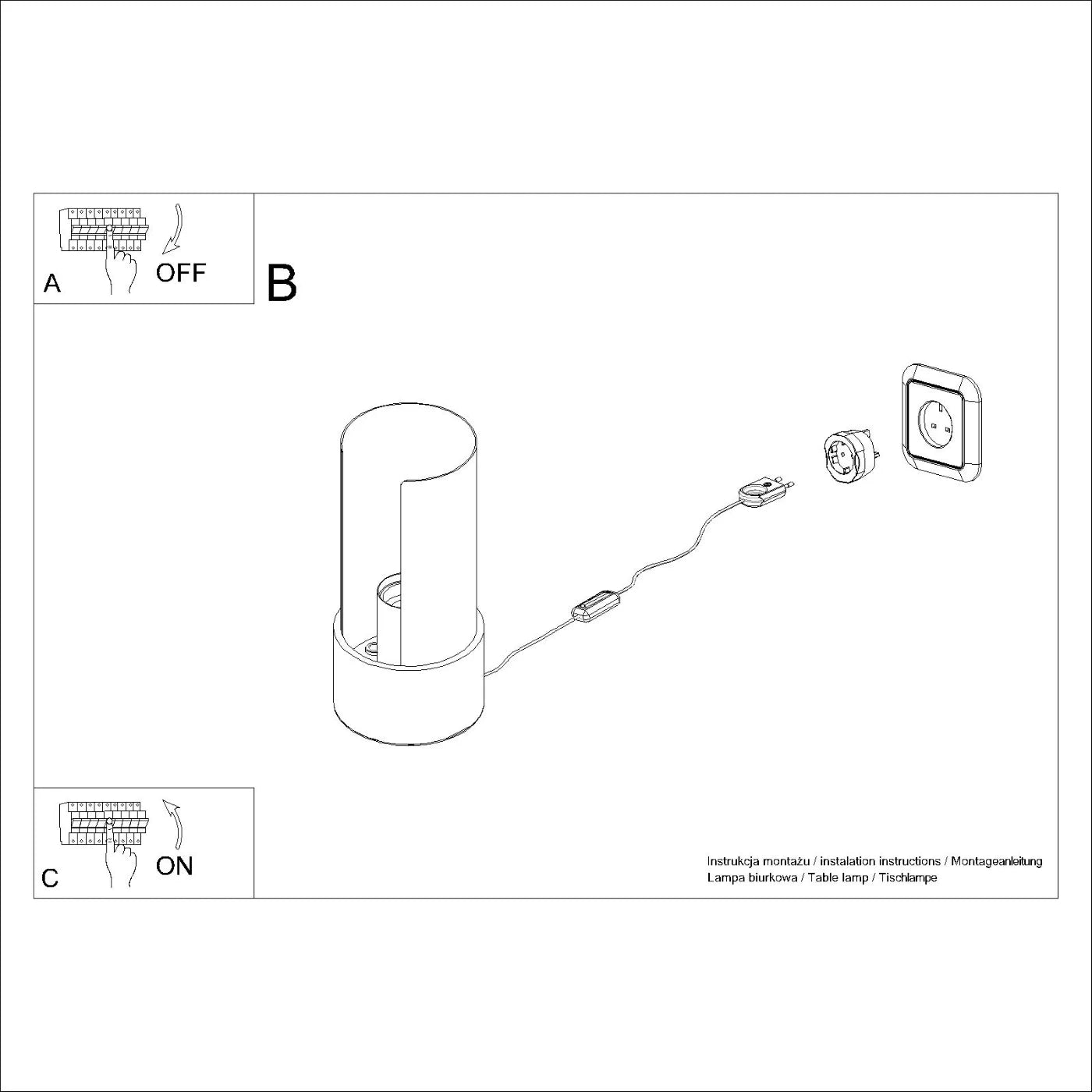 Installationsanleitung der Tischlampe FLASH in Weiß – Anschluss an Steckdose mit integriertem Schalter