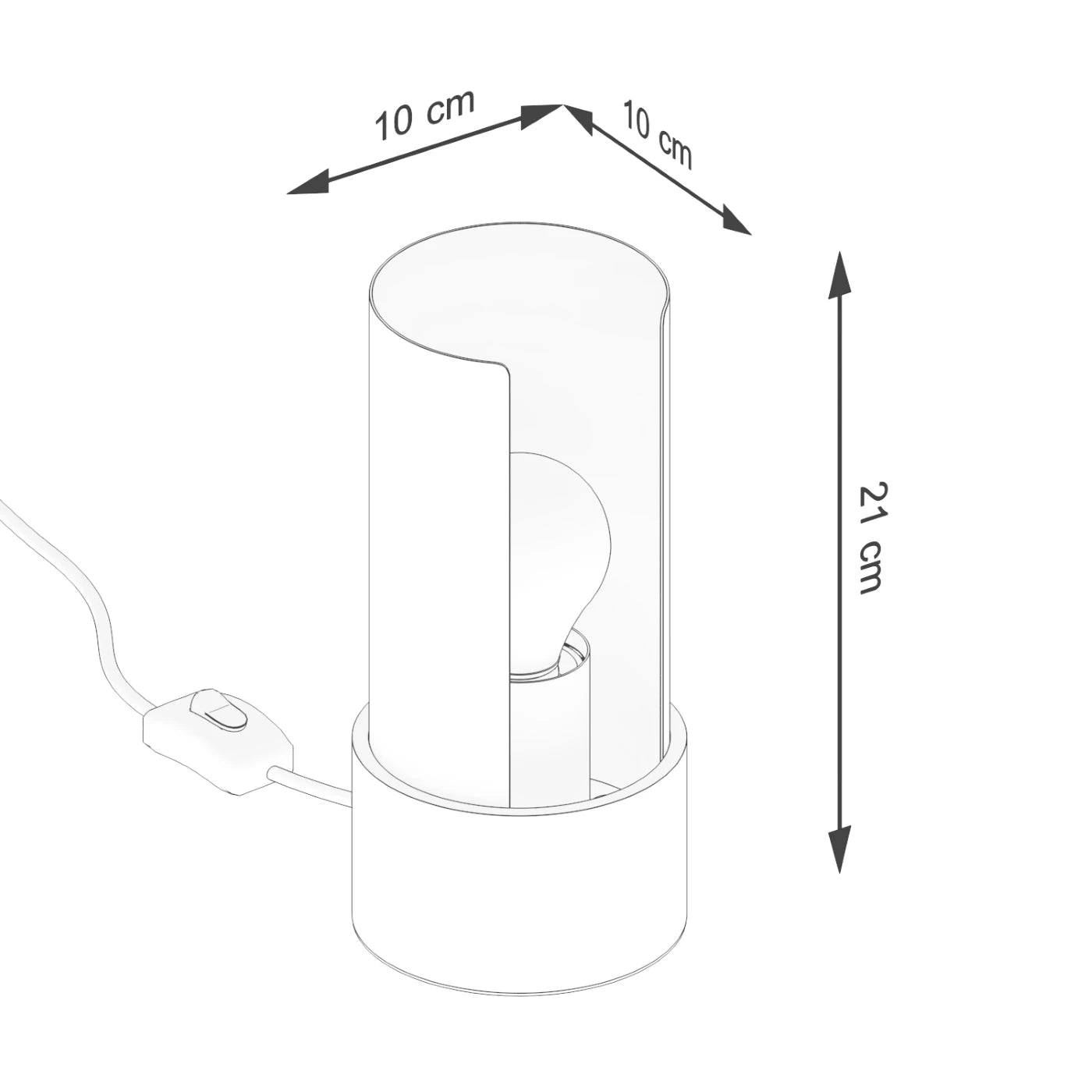 Technische Zeichnung der Tischlampe FLASH in Weiß mit Maßen: Höhe 21 cm, Durchmesser 10 cm, Breite 10 cm
