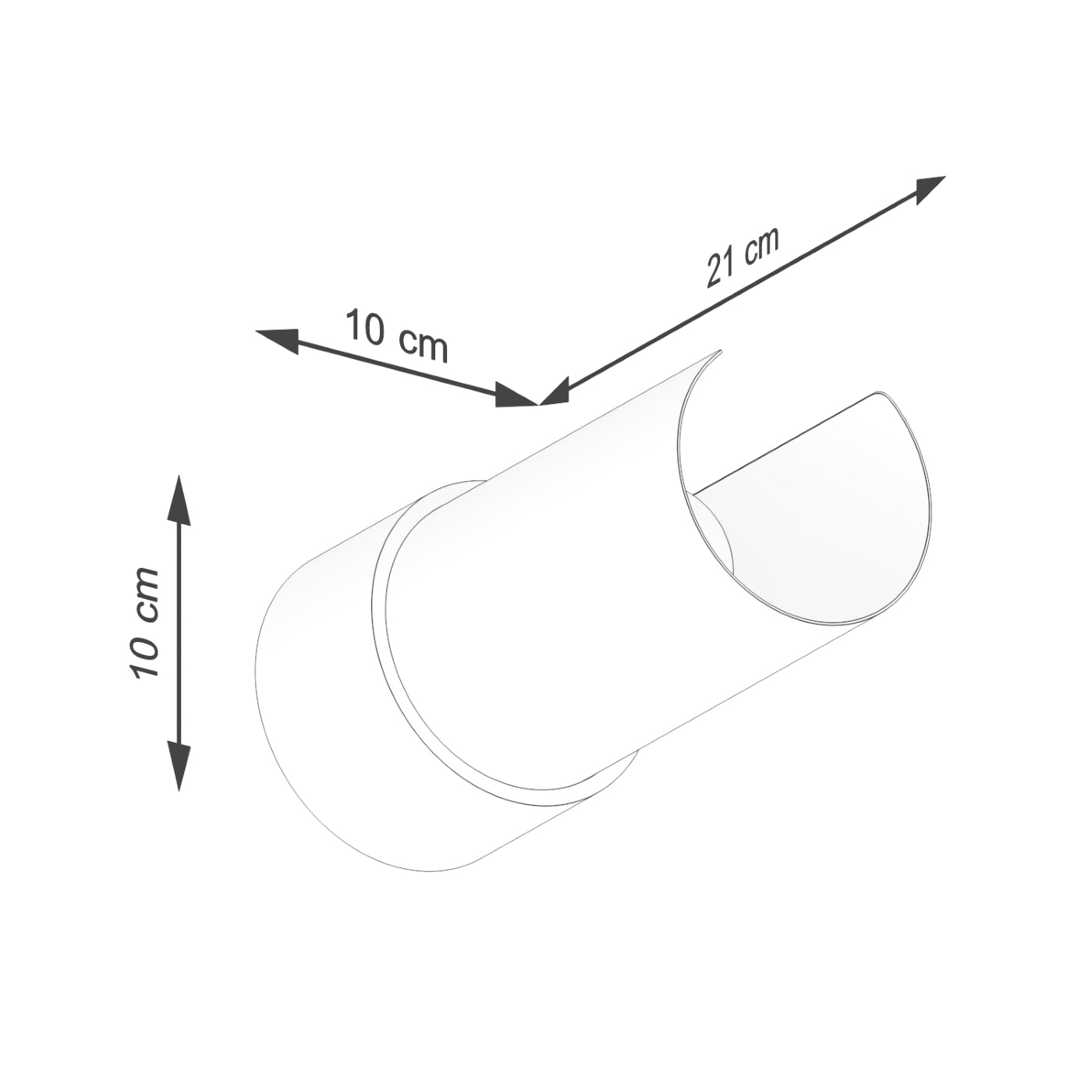 Maßzeichnung der Wandleuchte FLASH in Weiß – 21 cm Länge, 10 cm Höhe, 10 cm Tiefe