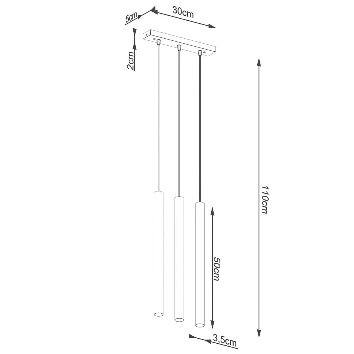 Technische Zeichnung der Pendelleuchte PASTELO 3L – Maße: Höhe 110 cm, Breite 30 cm, Ø 3,5 cm
