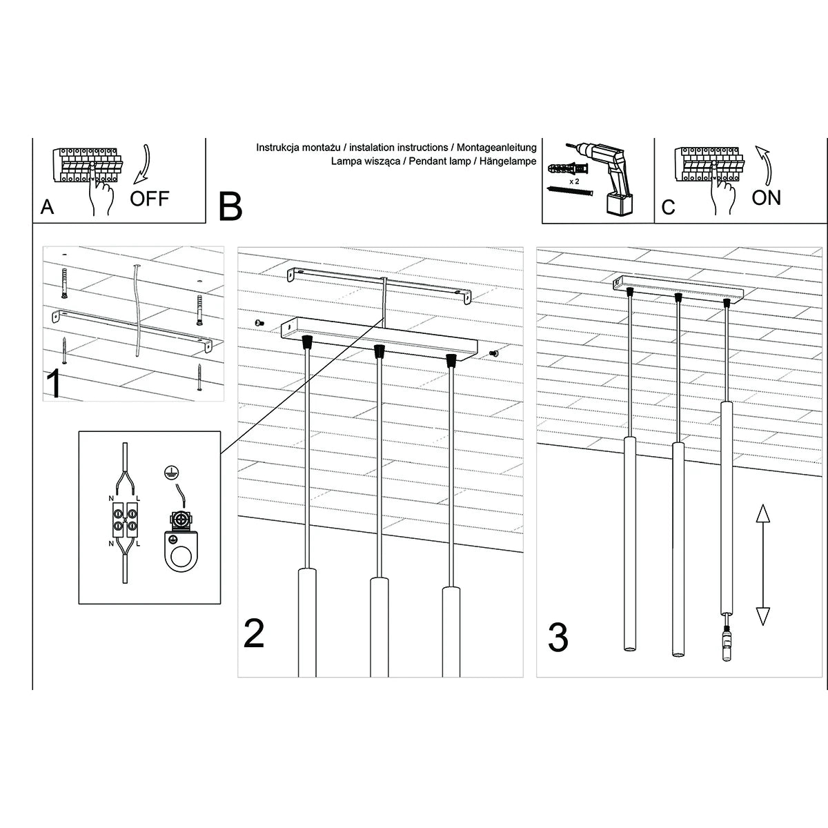 Montageanleitung der Pendelleuchte PASTELO 3L – Darstellung der Installation mit linearem Baldachin
