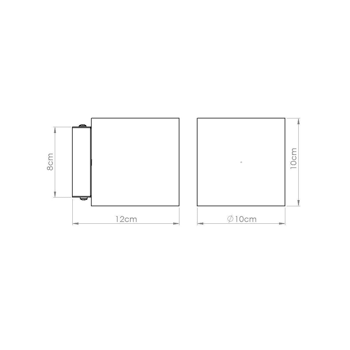 Technische Zeichnung der ORBIS Wandleuchte mit Maßen 12 cm Tiefe, 10 cm Höhe und 10 cm Durchmesser