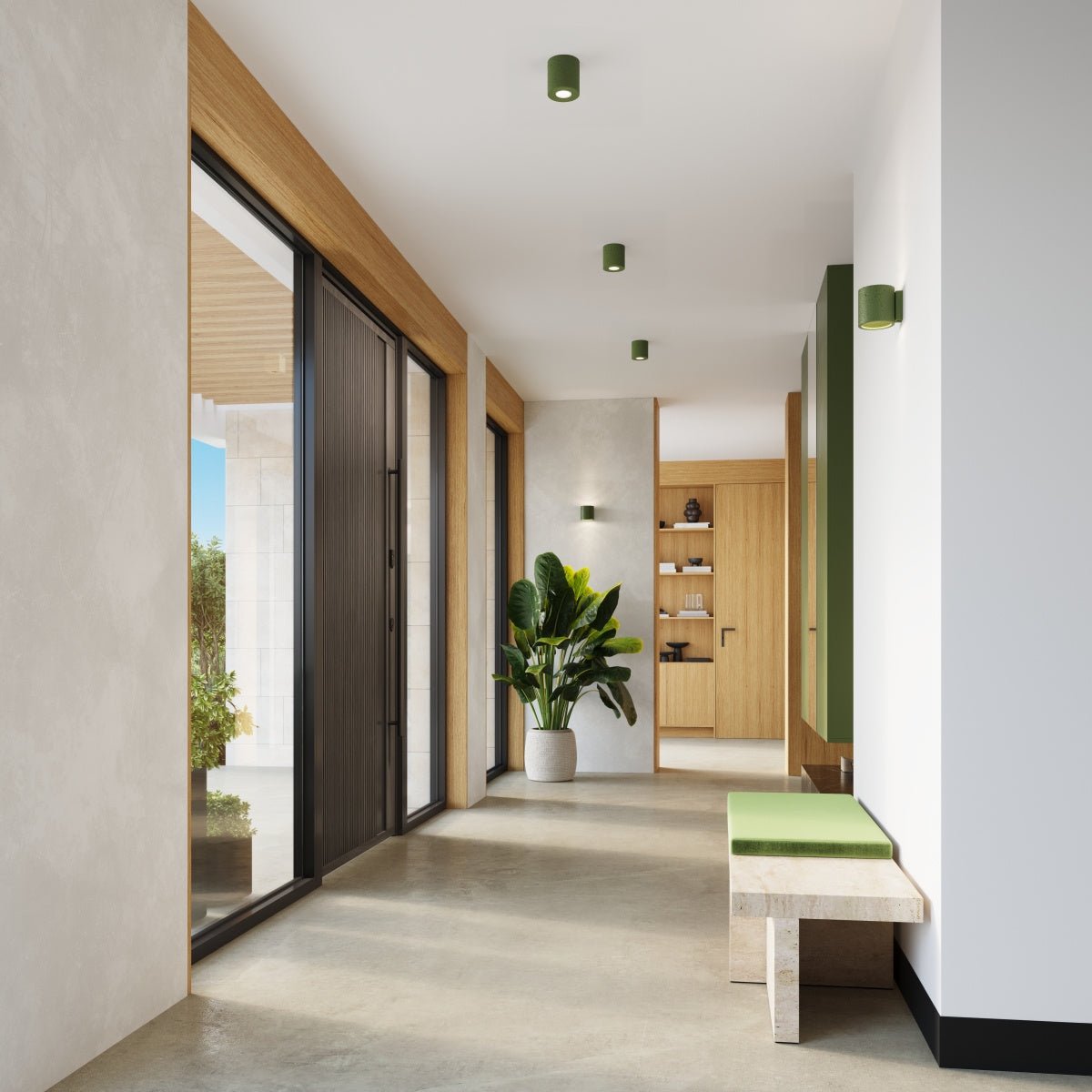 Grüne ORBIS Wandleuchte aus Beton im modernen Flur mit Deckenleuchten, Sitzbank und Holzdetails