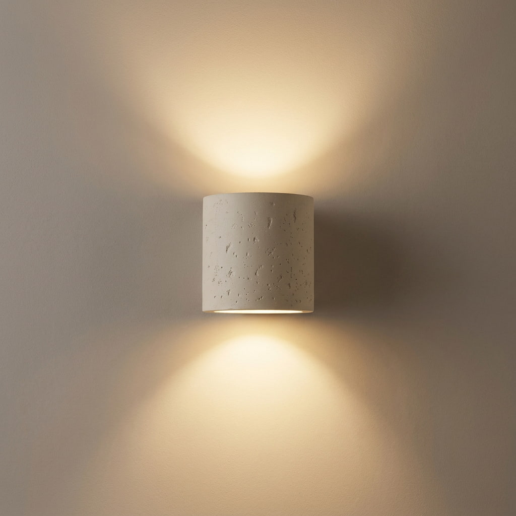 Weiße ORBIS Wandleuchte aus Beton mit warmem Up- und Downlight an strukturierter Wand