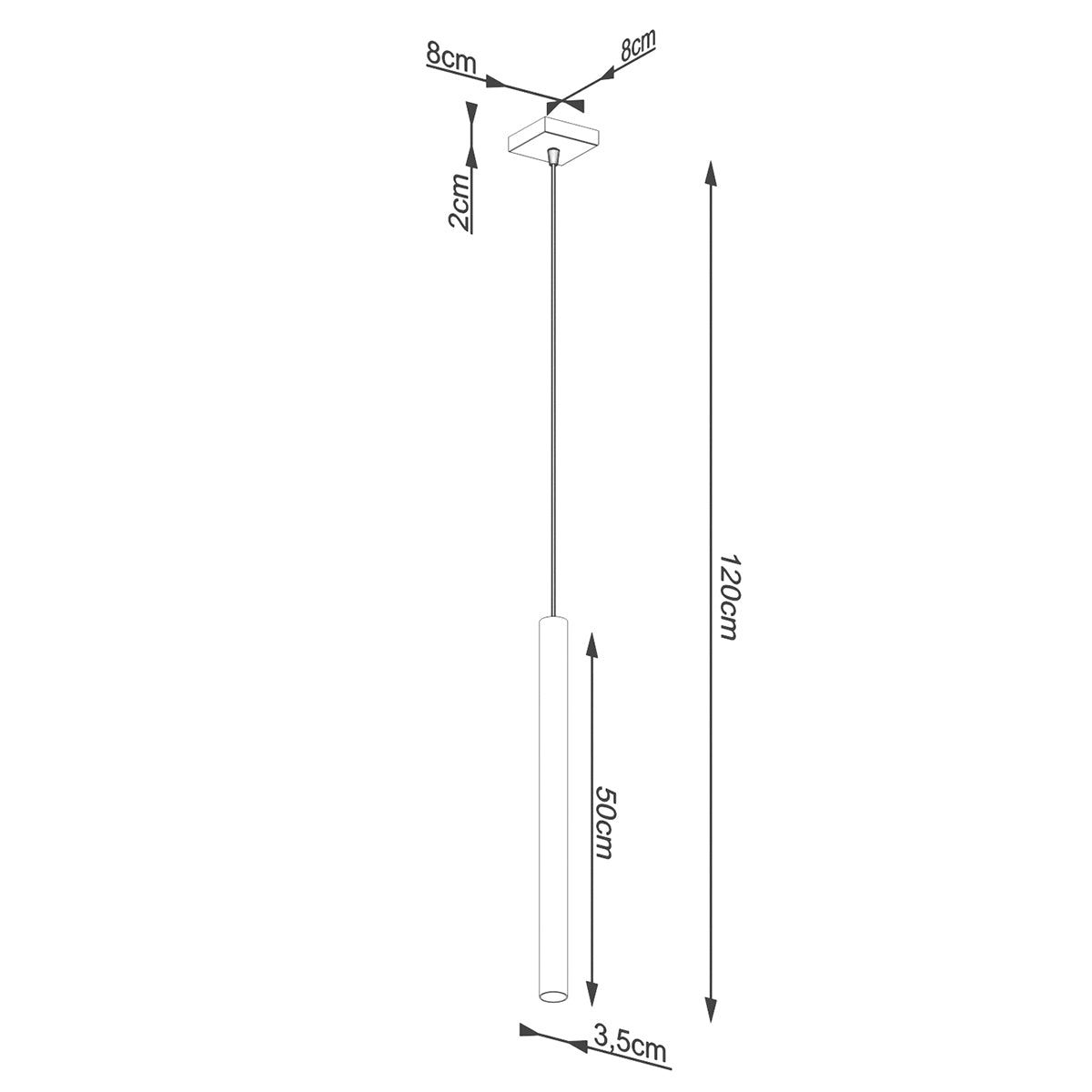 Technische Zeichnung der Pendelleuchte PASTELO 1 – Maße: Höhe 120 cm, Ø 3,5 cm, Baldachin 8 × 8 cm
