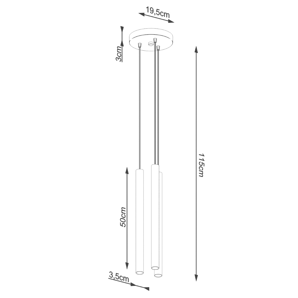 Technische Zeichnung der Pendelleuchte PASTELO 3P – Maße: Höhe 115 cm, Ø 19,5 cm, Zylinder Ø 3,5 cm
