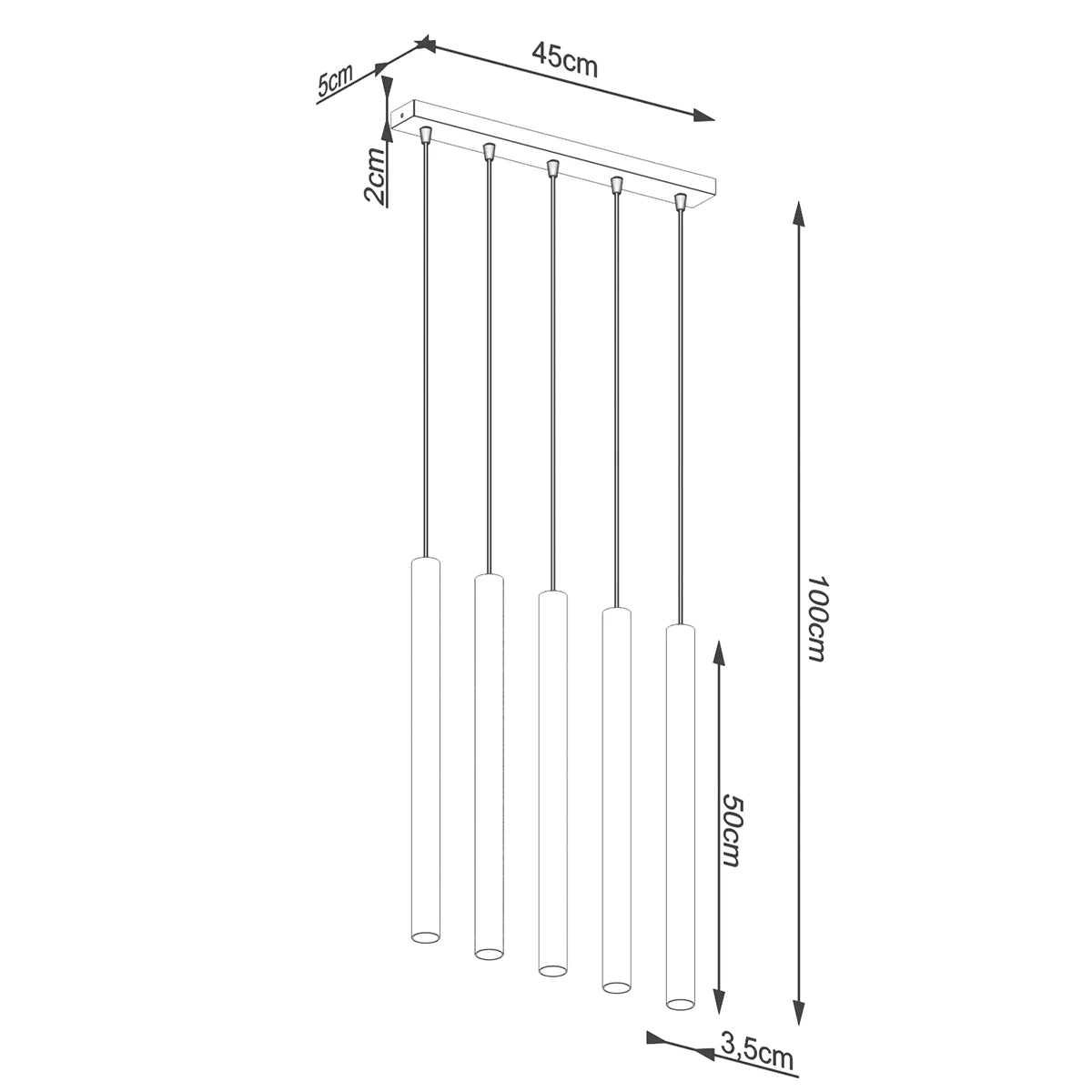 Technische Zeichnung der Pendelleuchte PASTELO 5L – Maße: Höhe 100 cm, Breite 45 cm, Ø 3,5 cm

