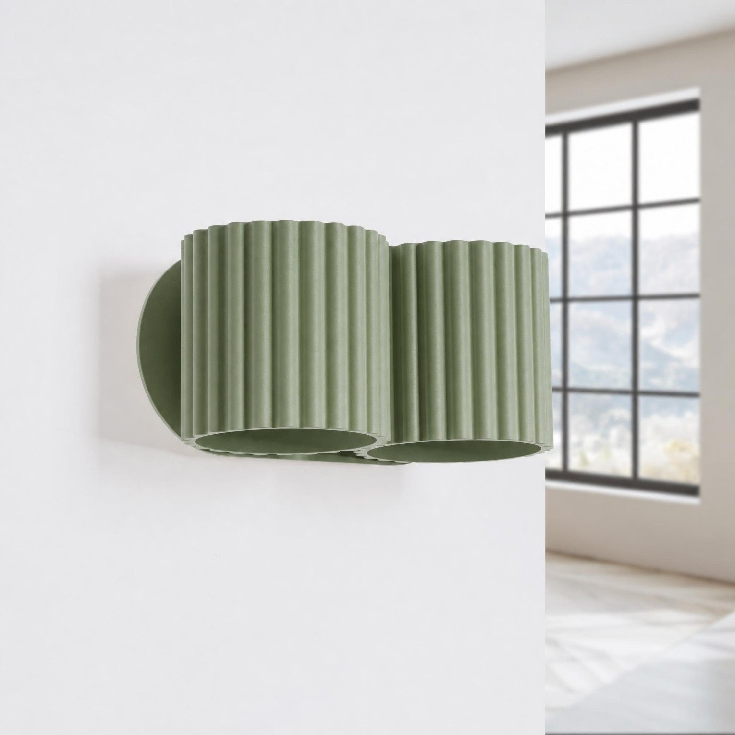 Wandleuchte AURA 2 in Olivgrün – zwei geriffelte Leuchtenkörper mit Up- & Downlight | Dexity