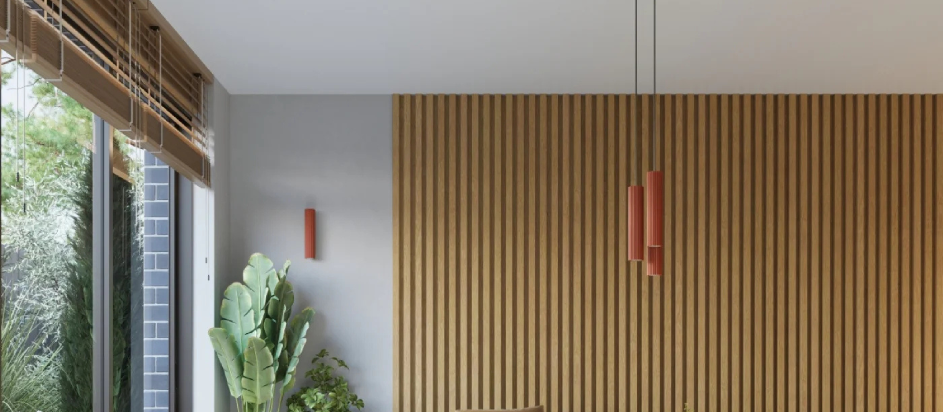 Modernes Wohnzimmer mit großem Fenster, braunen Jalousien, grauer Wand, roter Lampe und Zimmerpflanze